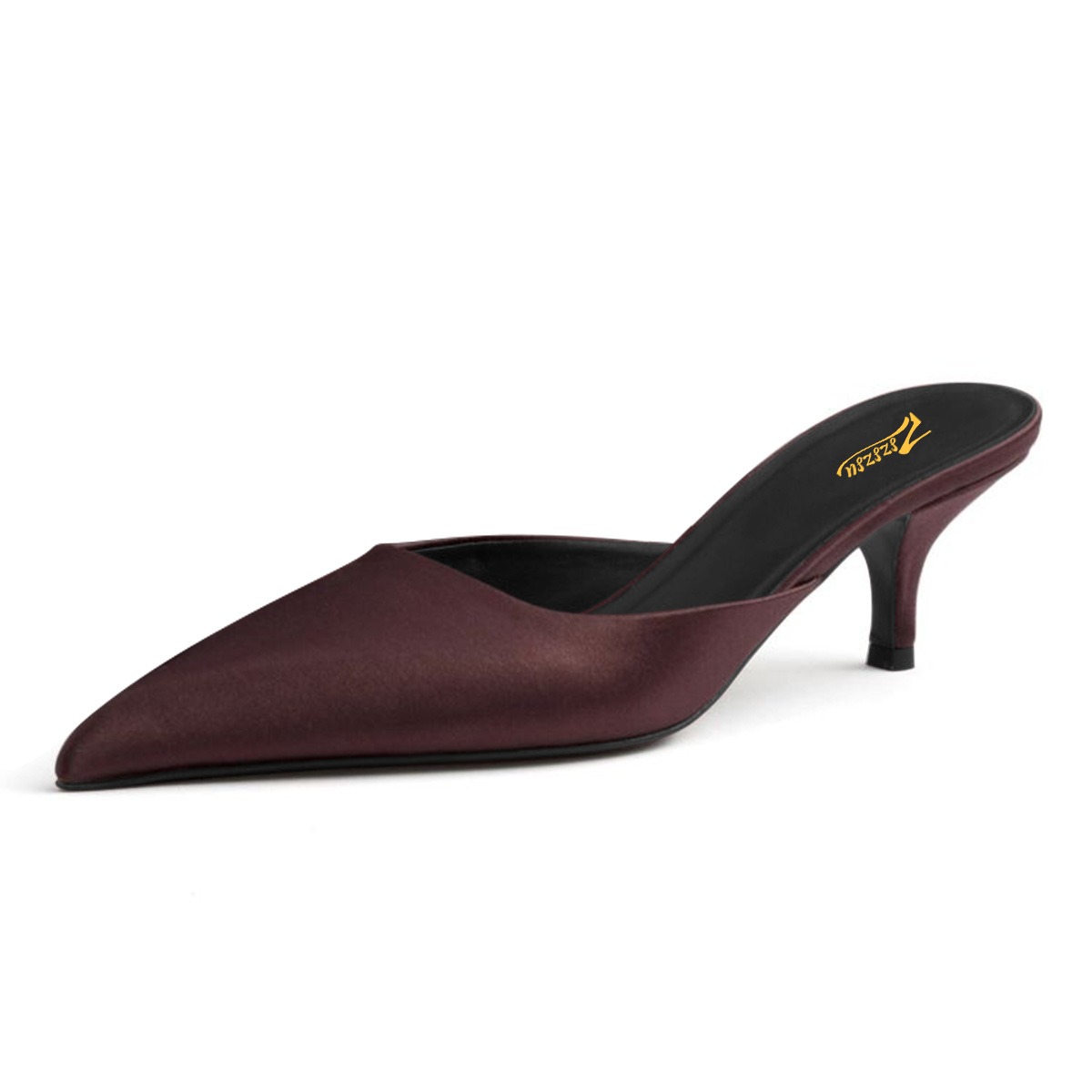 Dark Brown Satin Kitten Heel Pointed Toe Mule Shoes for Women Nicepairs