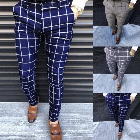 Pornhint 30# Fashion Men Pants Casual Business Slim Fit Plaid Print Streetwear Zipper Long Pants Botton Trousers ropa hombre _____