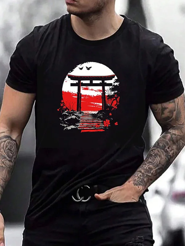 Men's Temple Harajuku Landscape Art Painting Print T-Shirt