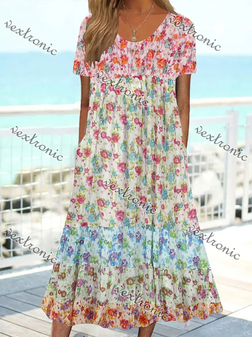 Women Short Sleeve Scoop Neck Floral Printed Stitching Maxi Dress