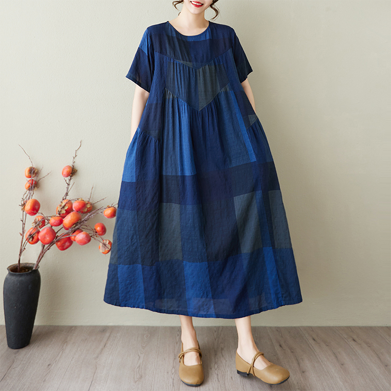 レトロ ラウンドネック プリント ゆったり ファッション お出かけ デート半袖 おすすめ服 切り替え カジュアルワンピース