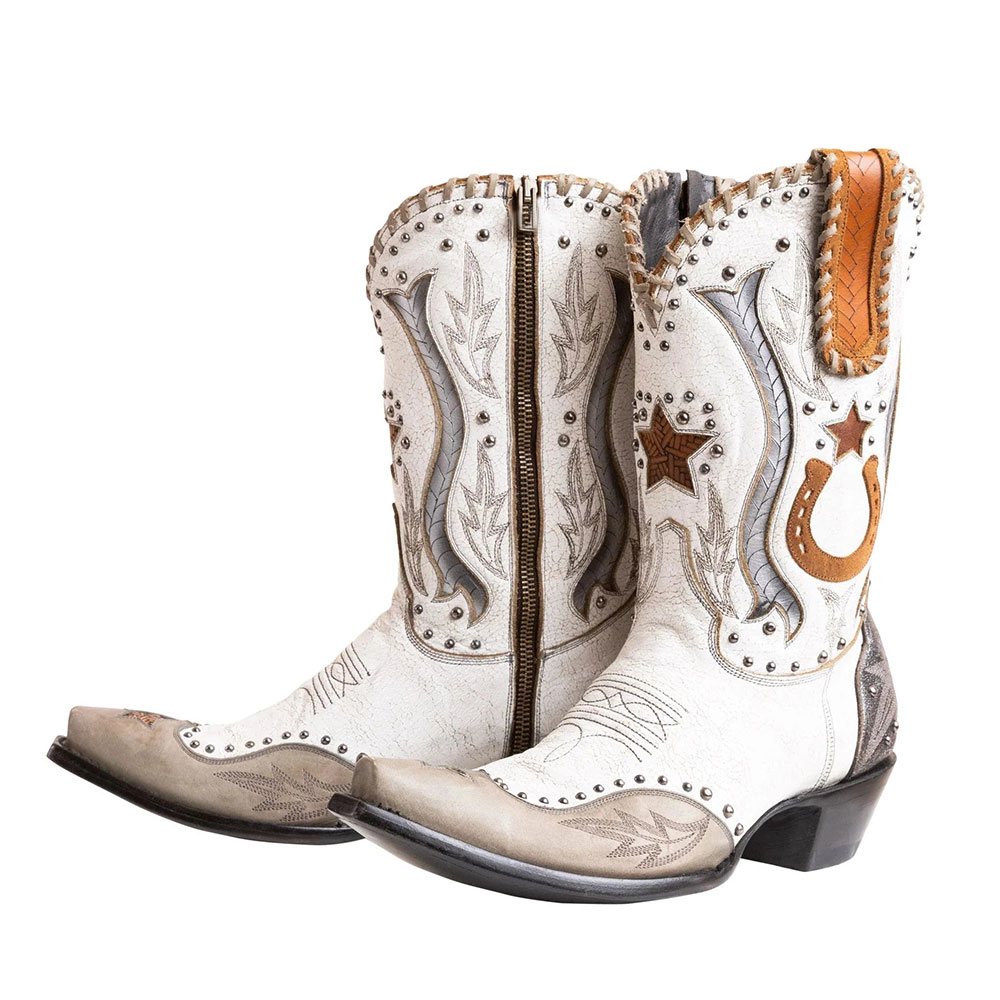 White & Gray Snip Toe Studded and Stitching Western Boots for Women