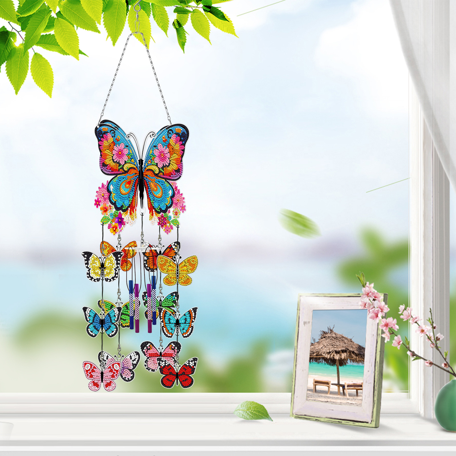 DIY diamond painting wind chime pendant, butterfly flower sticker, diamond embroidery, three-dimensional hanging decoration, door and window hanging painting, acrylic decorative painting