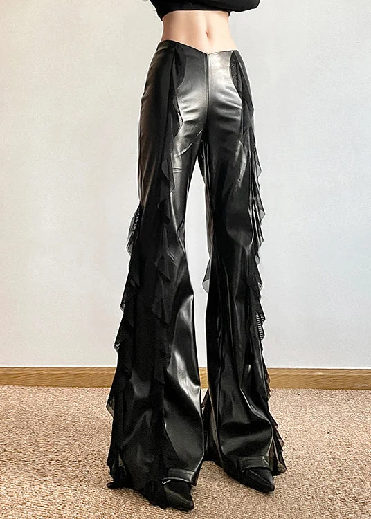 Original Black Tulle Ruffled Patchwork Faux Leather Flared Trousers Summer