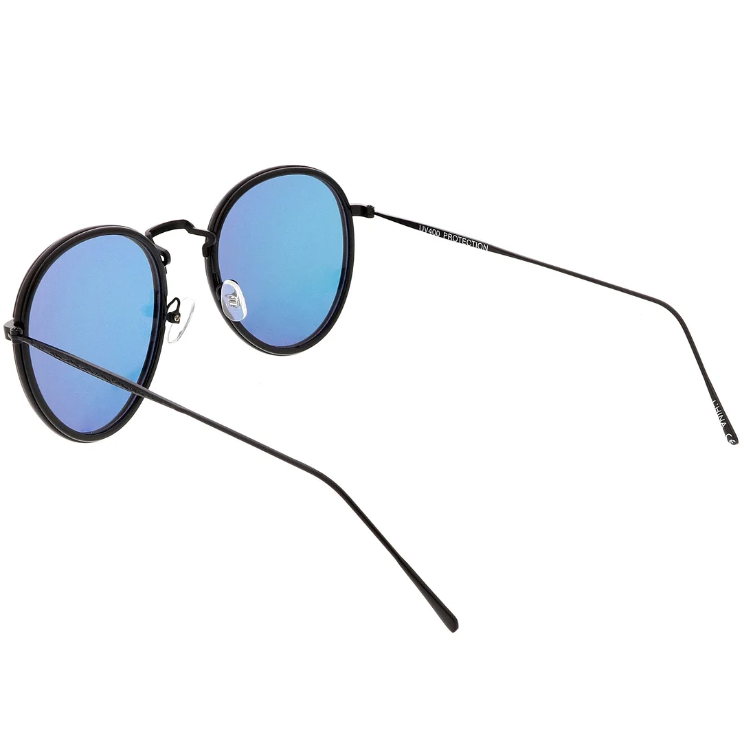 Modern Round glasses Engraved Slim Metal Arms  Color Mirrored Flat Lens 51mm