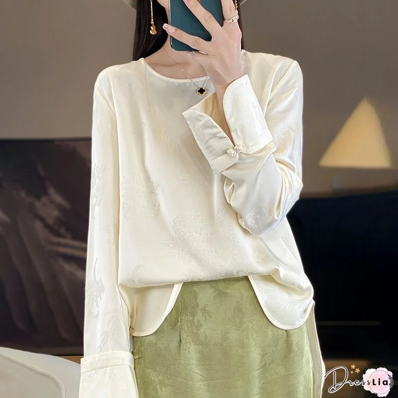 Jacquard Beige V Neck Button Patchwork Silk Top Long Sleeve