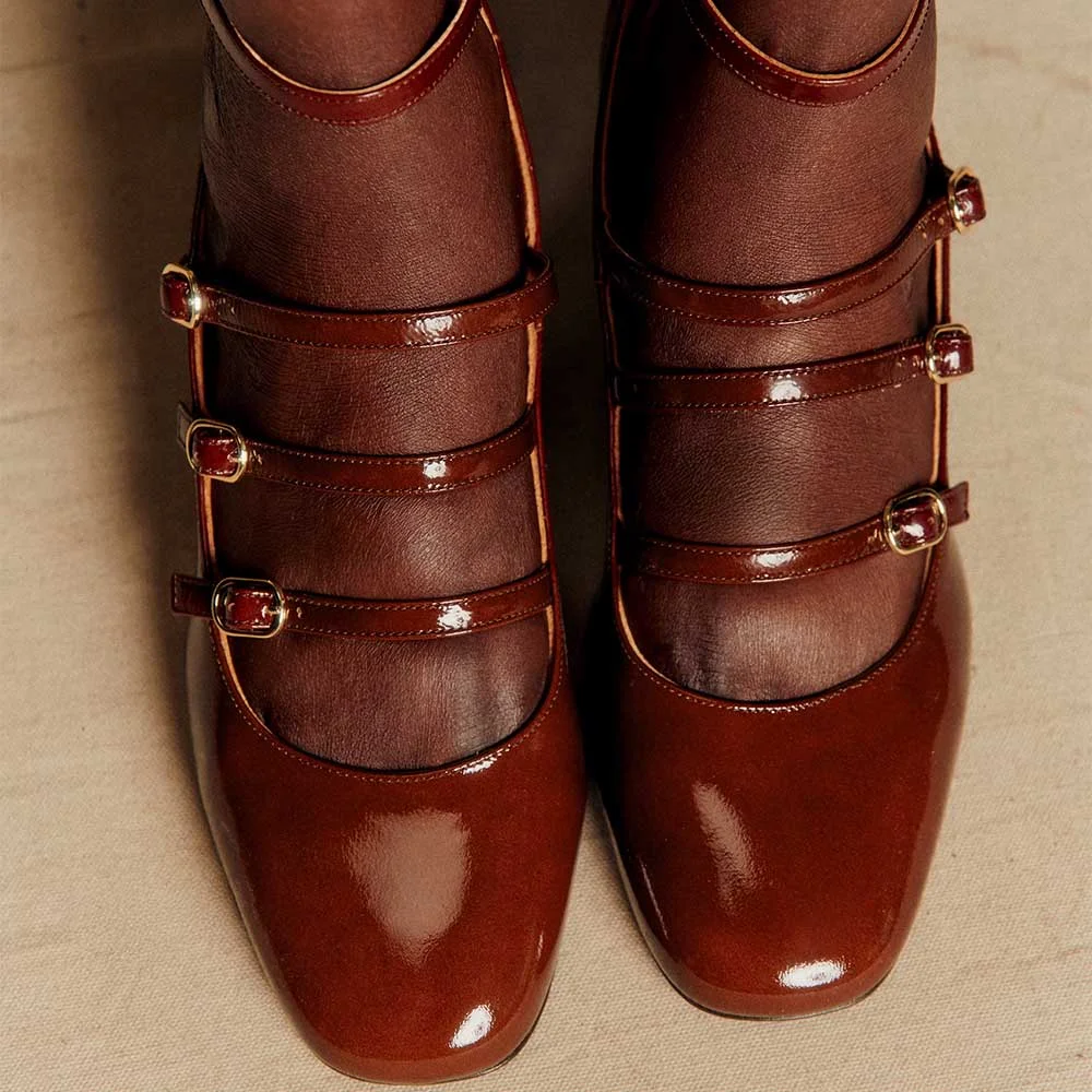 Maroon Patent Leather Square Toe Strappy Mary Jane Heels with Buckle