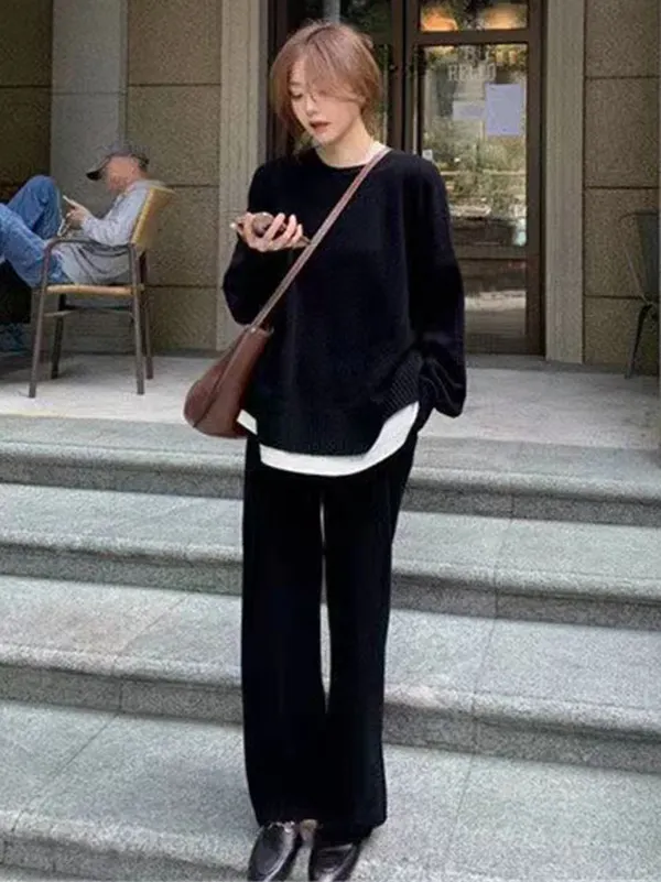 Solid Color Round Neck Sweater And Half Skirt Suit