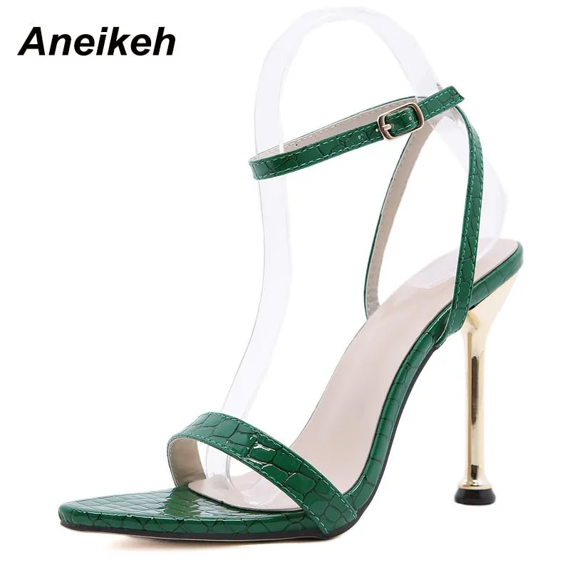 Aneikeh Women's Sandals Fashion Retro Thin Heels Cross-Tied Pointed Toe Elegant Party Narrow Band Print Plaid Shoes 2021 Summer