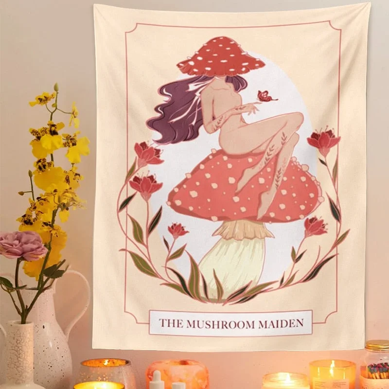 Pink Mushroom girl Tapestry Wall Decor Girls Dorm Room Wall Hanging Aesthetic Room Witchcraft Psychedelic Wall Decoration