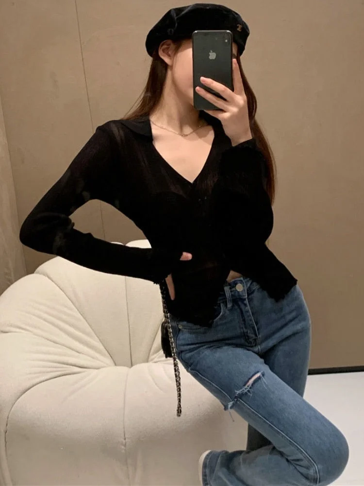 tlbang T-shirt Women Slim Sexy Long Sleeve Daily V-neck Casual Korean Style Pure Retro Minimalist Hot Girls Spring See-through