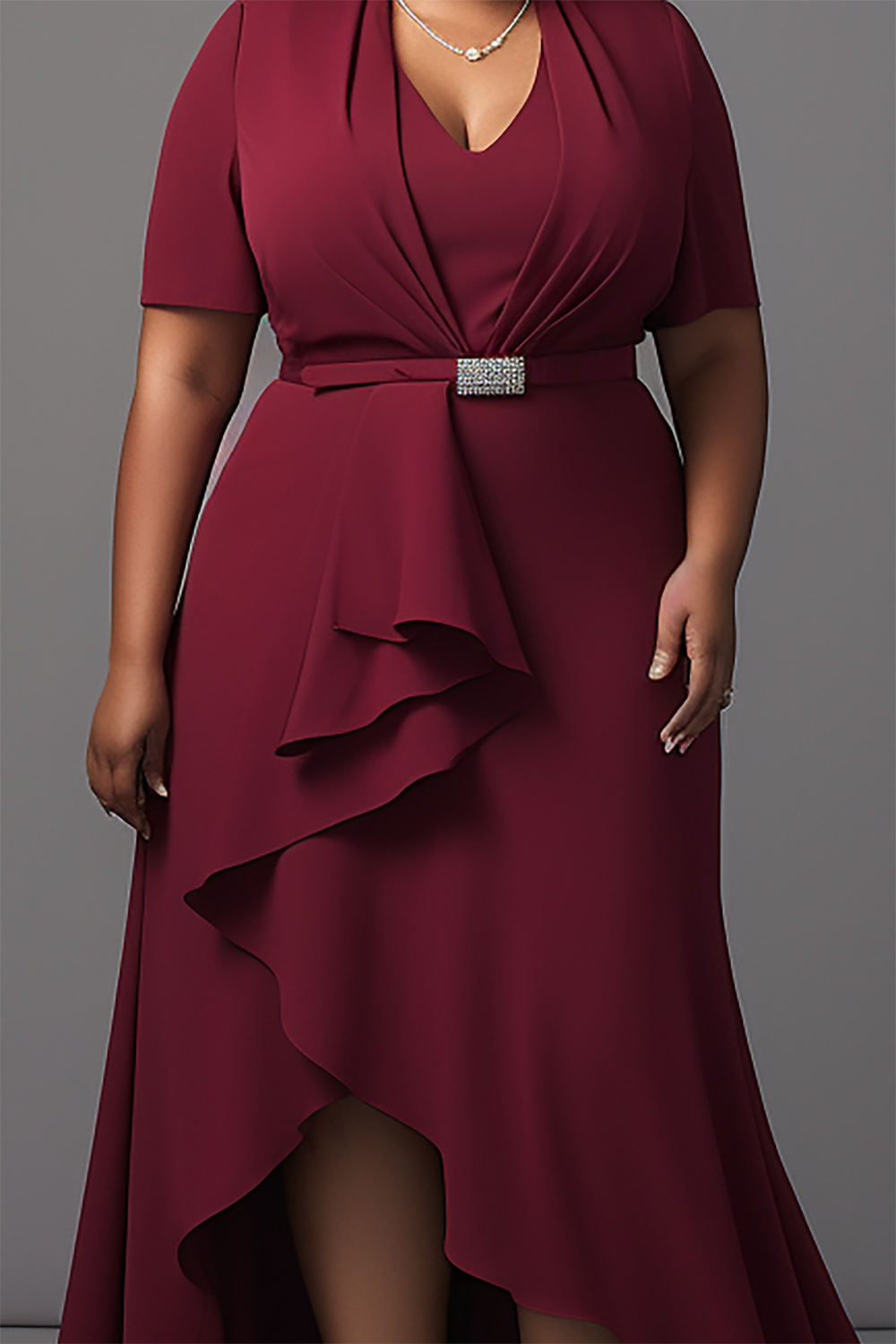 Design Plus Size Mother Of The Bride Elegant Burgundy V Neck Short Sleeve Flounce Knitted Maxi Dresses (With Belt) [Pre-Order]