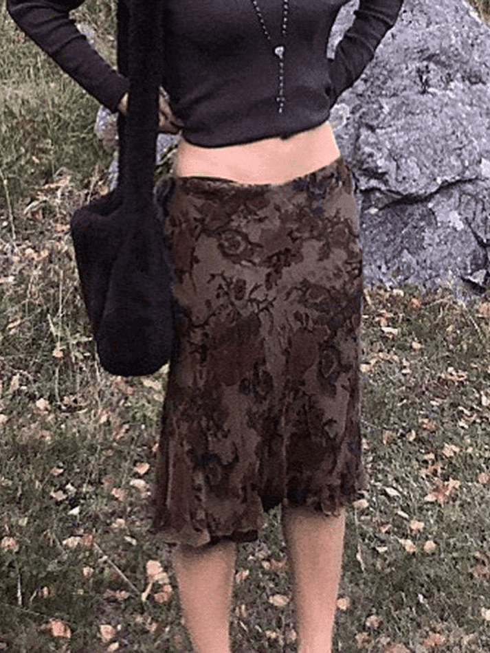 Brownm Mesh Floral Midi Skirt