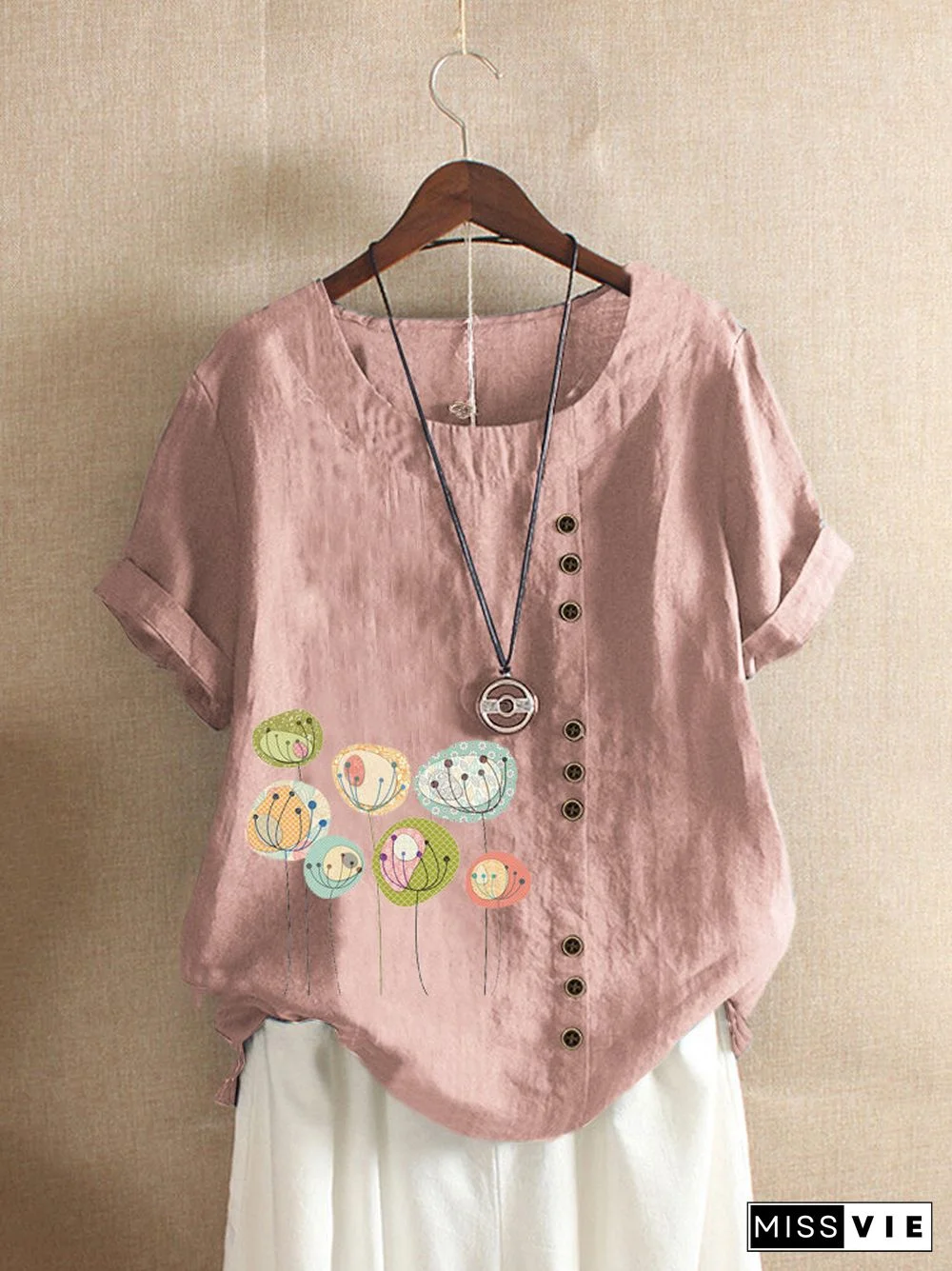Button Cartoon Floral Print Short Sleeve Casual T shirt P1509230