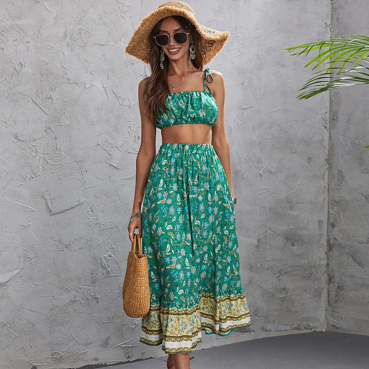 Summer Women's Bohemian Style Printed Casual Suit Midi Dress