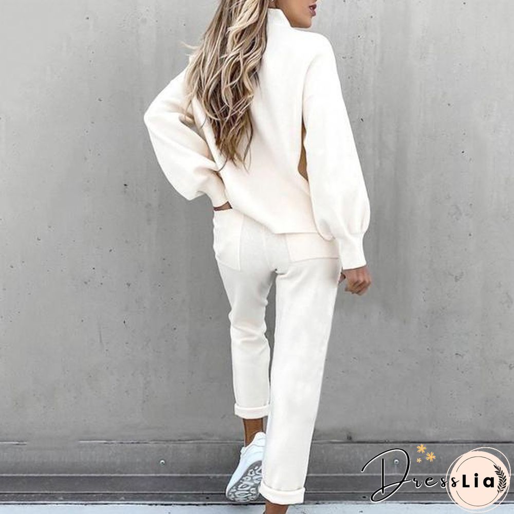 Women Outfit Pocket Thick Solid Color Loose Pullover Pants Set For Office