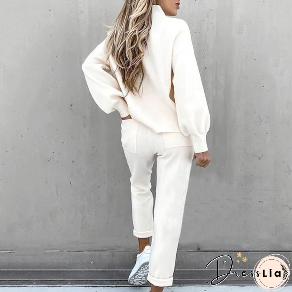 Women Outfit Pocket Thick Solid Color Loose Pullover Pants Set For Office