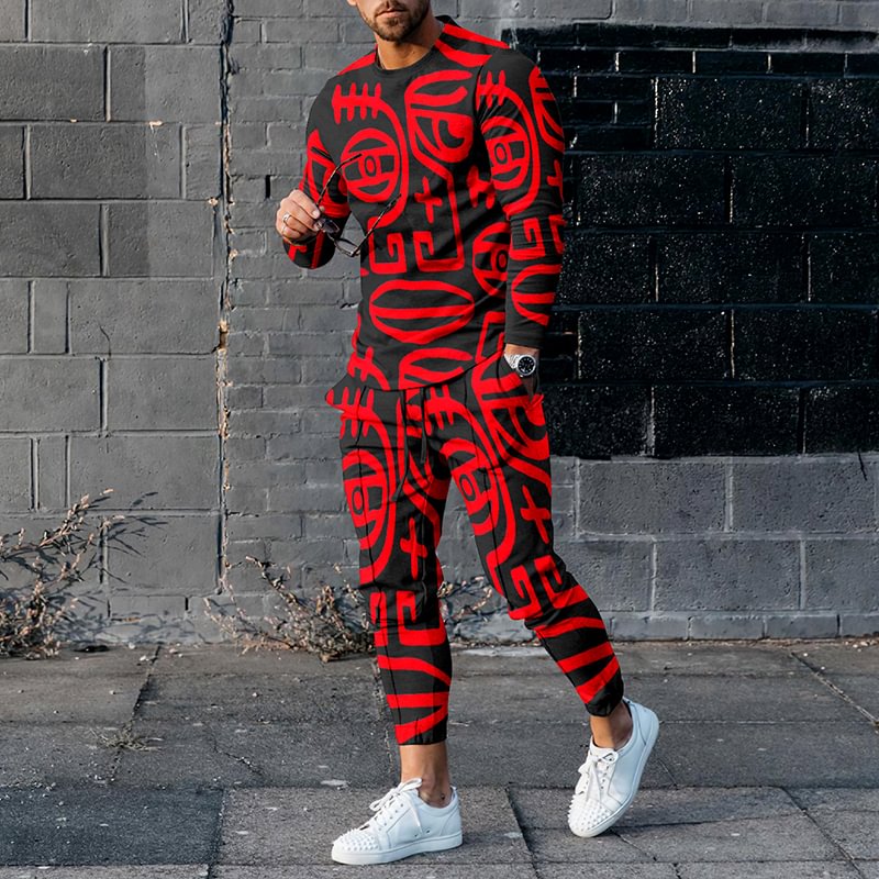 Casual Human Face Red Line Art Black Print Long Sleeve T-Shirt And Pants Co-Ord