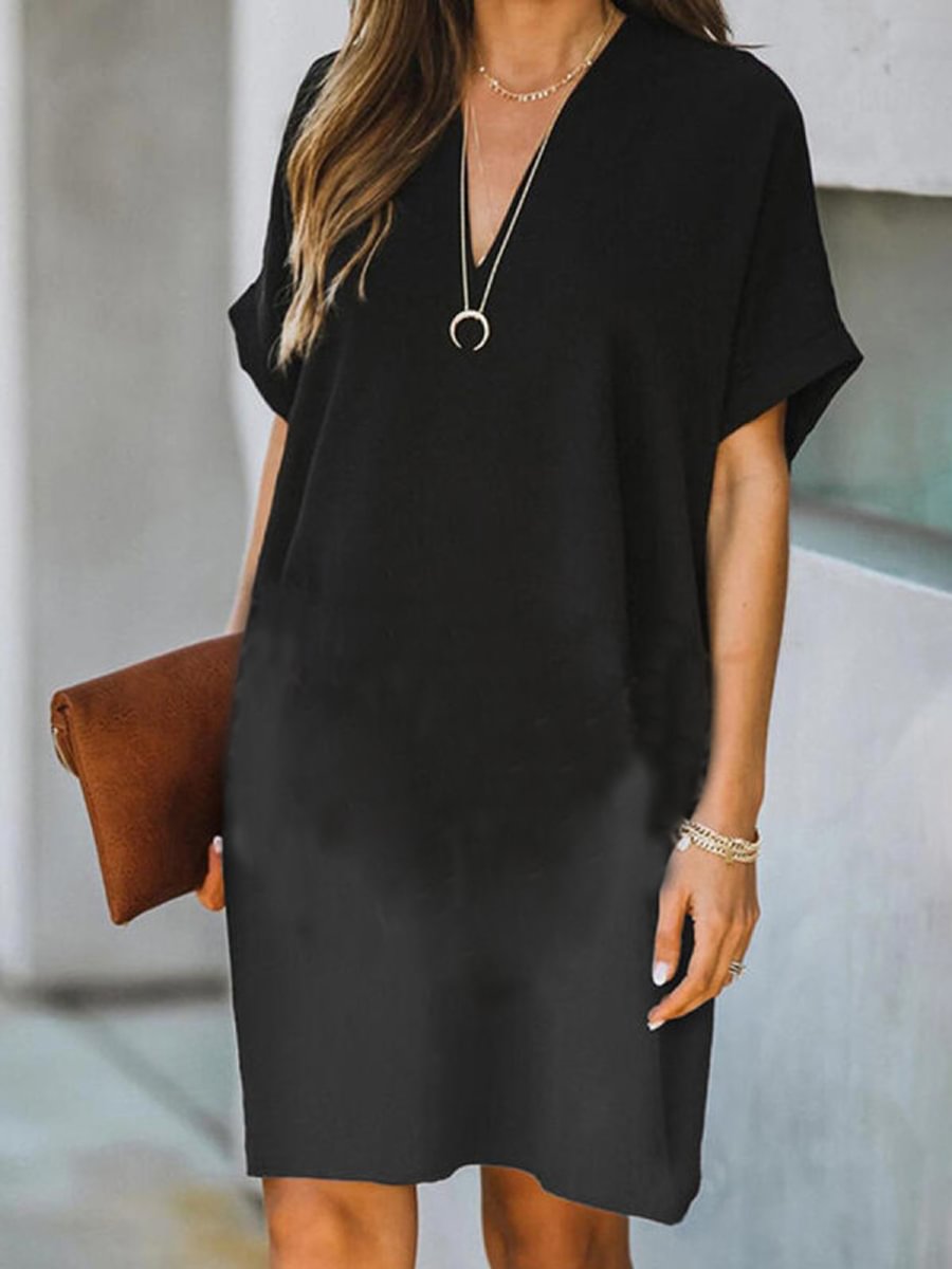Ladies V-neck Black Fashion Shift Dress