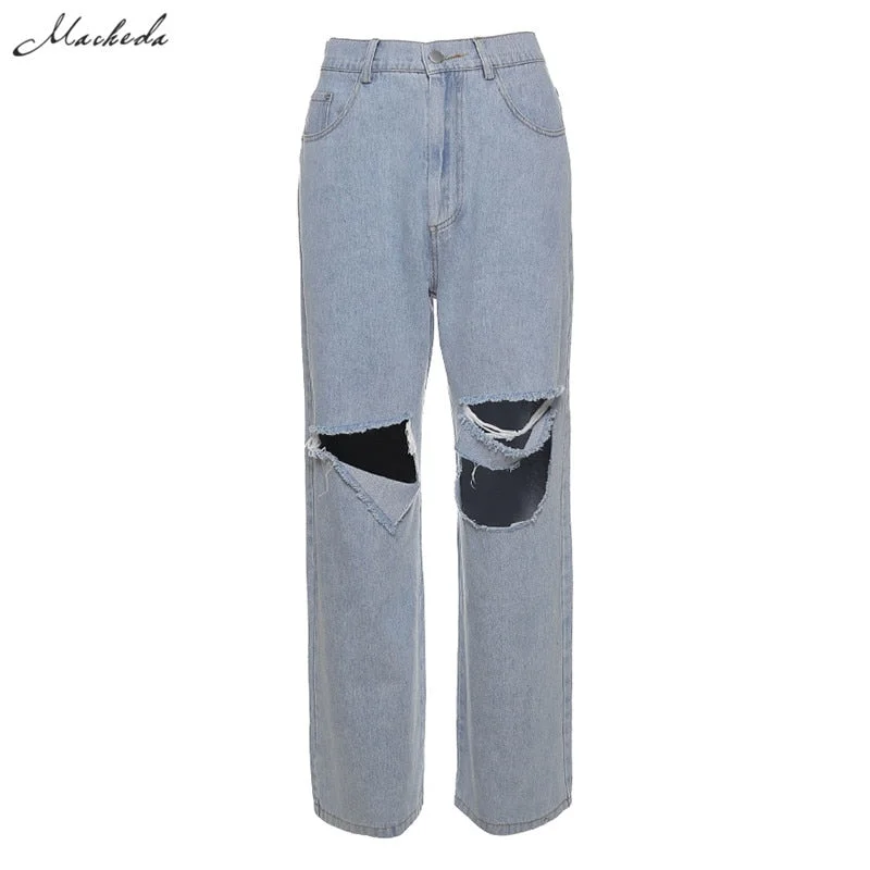 Macheda Fashion Street Casual Jeans Women Vintage Distressed Bleach Wash Hole High Wasit Lady Loose Straight Jeans 2020 New