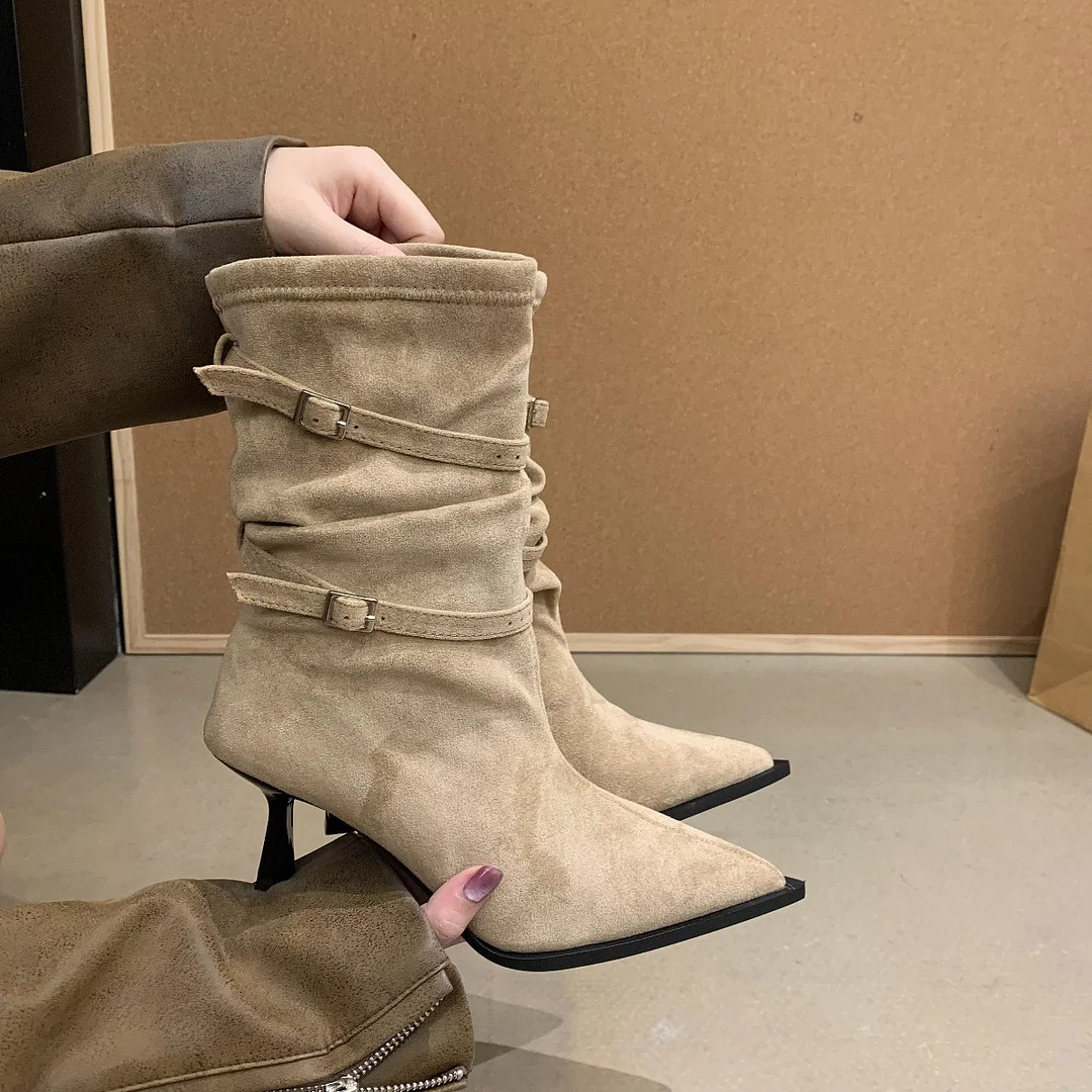 Breakj Breakj Tips High Heels Folding Pile Boots Children 2025 New Belt Buckle Thin Short Boots