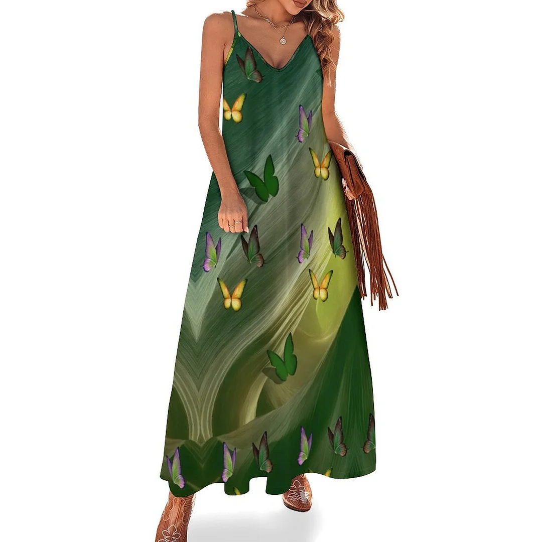 Style & Comfort for Mature Women Plus Size Printed Sling Casual Women Maxi Dress in Pattern Butterfly, Green, Dark Green