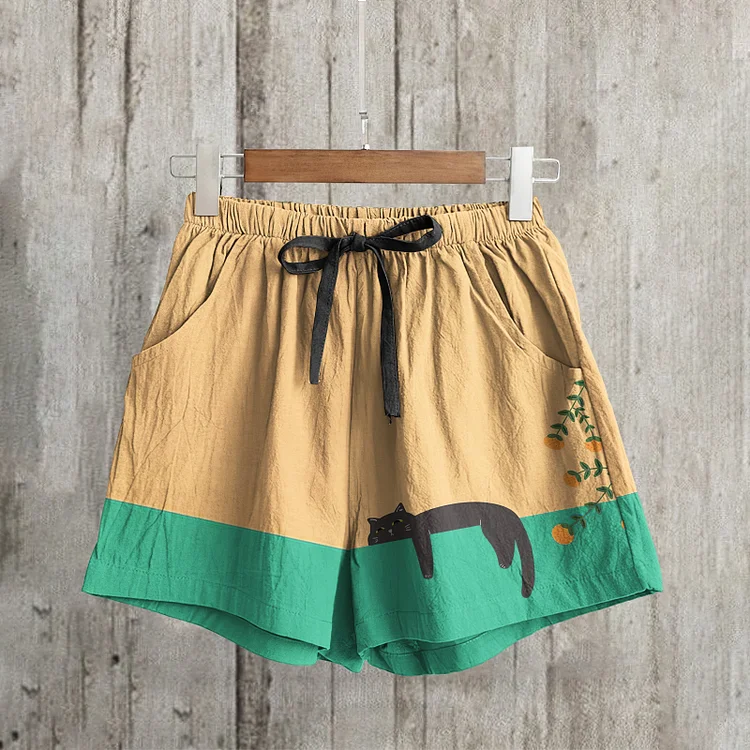 Abstract Creative Lazy Black Cat Painting Art Linen Shorts