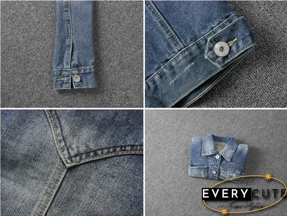 Spring Womens Girls Sweet Princess Slim Crop Denim Jacket Distressed Outerwear Coat Worn White Washed Short Jean Jacket