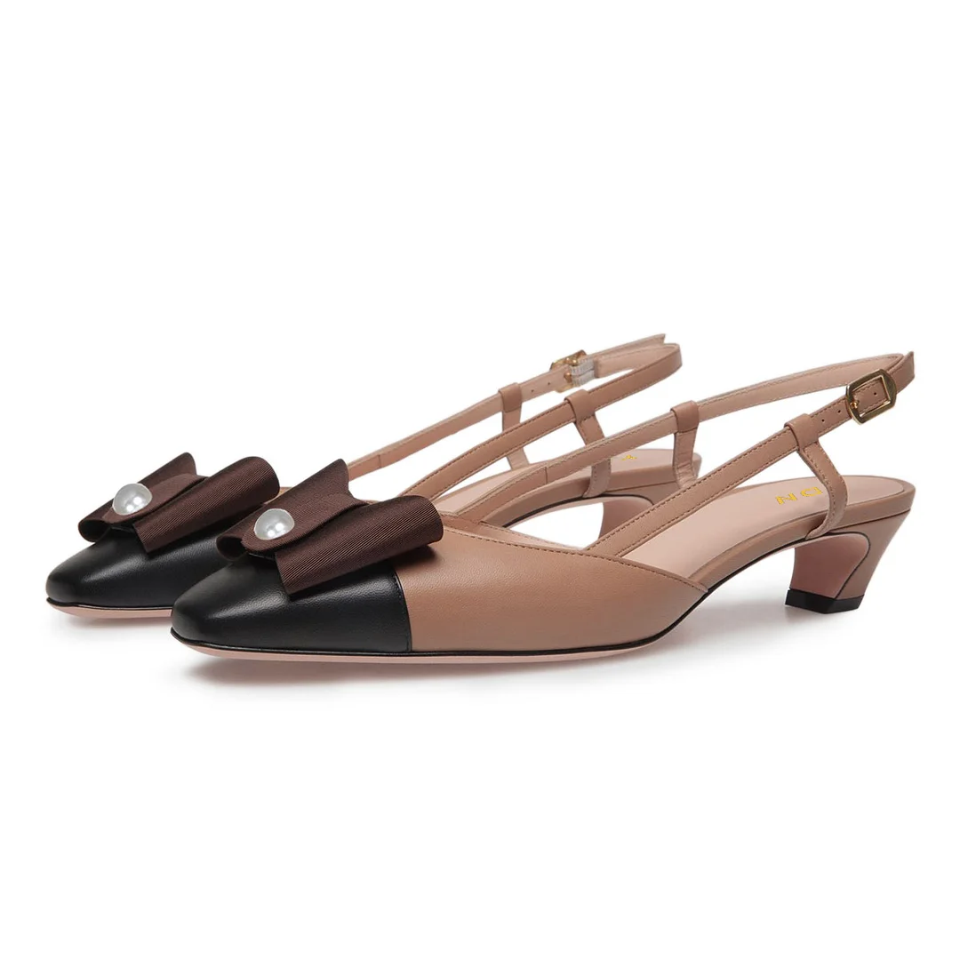 Fashion Brown Bow Chunky Heel Pearl Square Toe Slingback Pumps