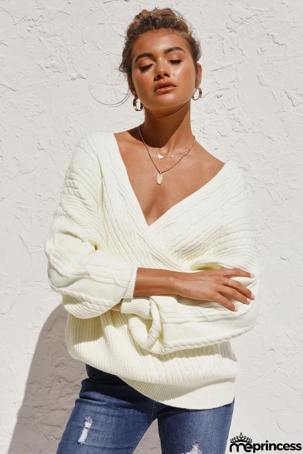 Beige Wrap V Neck Lantern Sleeve Textured Sweater