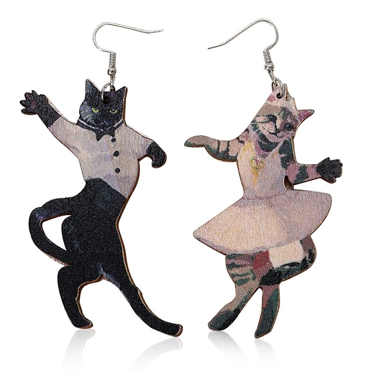 Wooden Dancing Cats Earrings