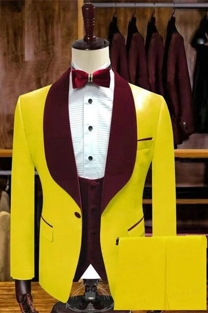 Velvet Lapel Classy Yellow Wedding Groom Suits With One Button | Ballbellas Ballbellas