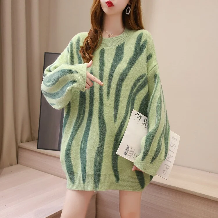 Long Sweaters For Women Autumn Winter Fashion Striped Print Pullovers Outerwear Women'S Jumper O-Neck Loose Ladies Sweater