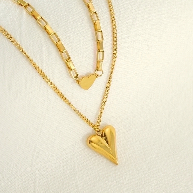 304 Stainless Steel 18K Gold Plated Minimalist Plating Heart Shape Double Layer Necklaces