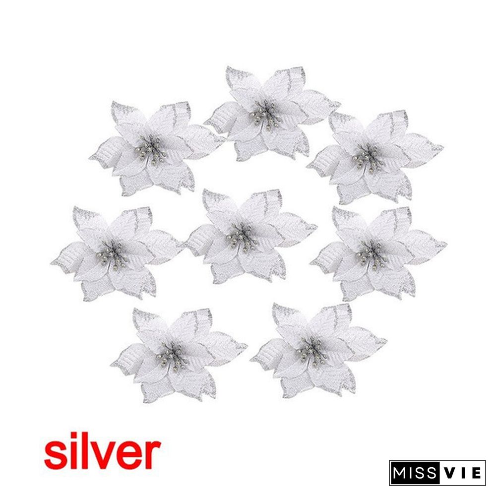 10 Pcs/Set Glitter Christmas Flower Poinsettia Christmas Tree Decorations Ornaments Christmas DIY Craft 11 Colors