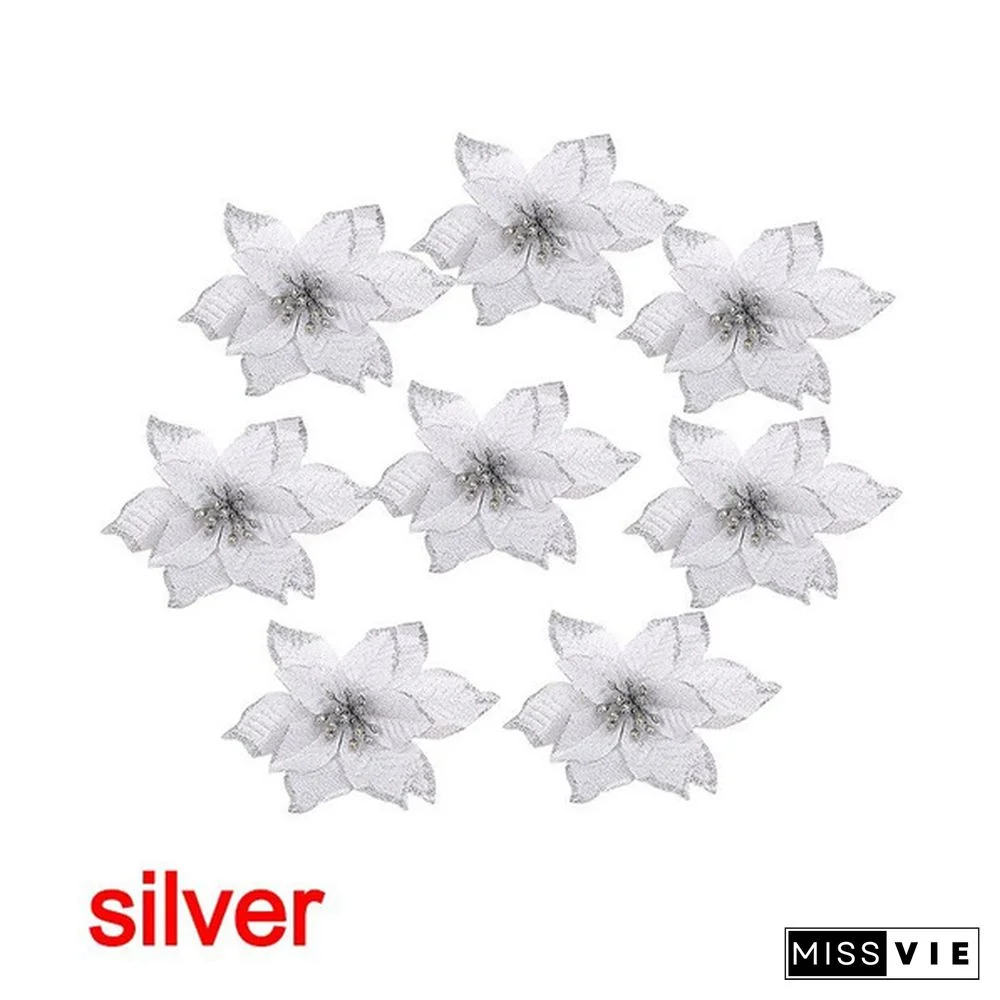 10 Pcs/Set Glitter Christmas Flower Poinsettia Christmas Tree Decorations Ornaments Christmas DIY Craft 11 Colors
