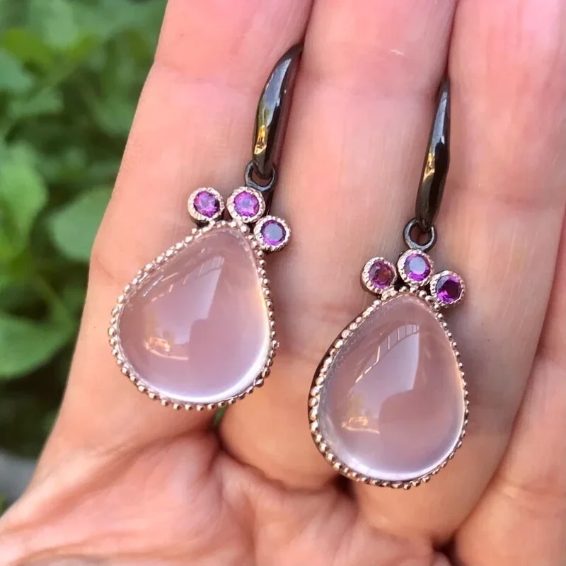 Luxury Rose Gold Color Water Drop Metal Two Tone Set Pink Crystal Earrings Women Moonstone Hook Drop Earrings Jewelry