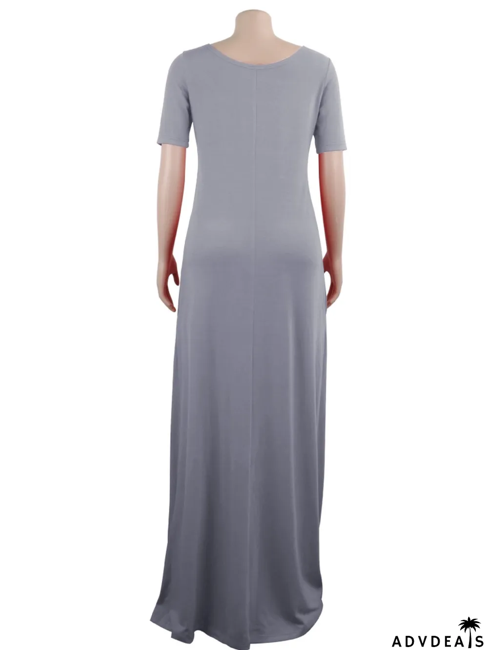 Women Summer Grey Casual V-neck Short Sleeves Print Loose Maxi Dress