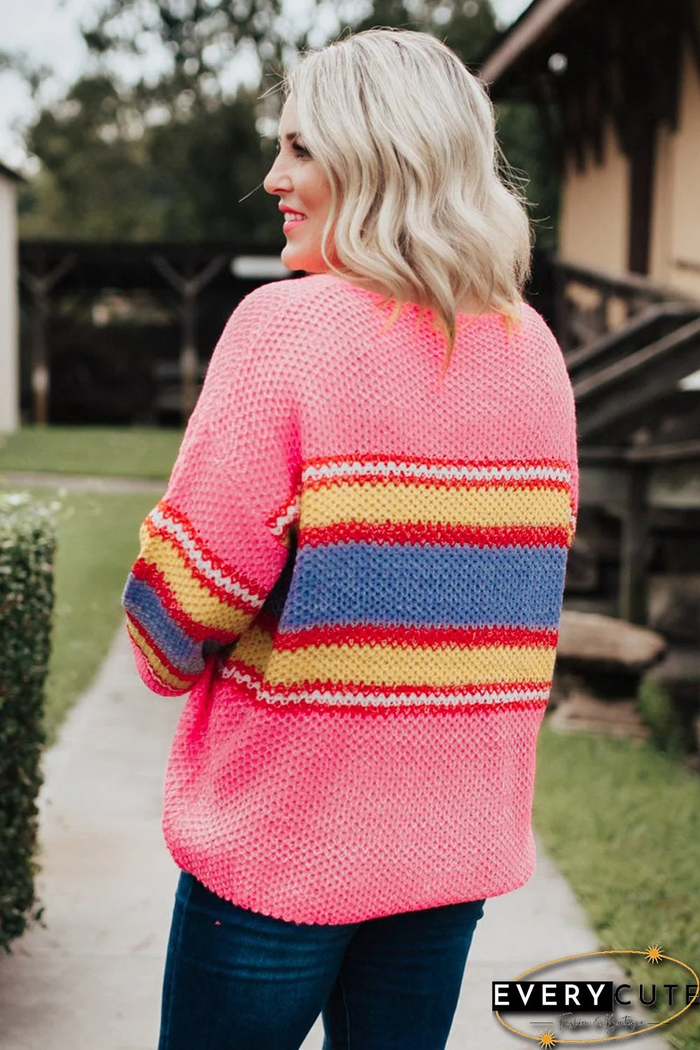 Pink Plus Size Stripe Oversized Sweater