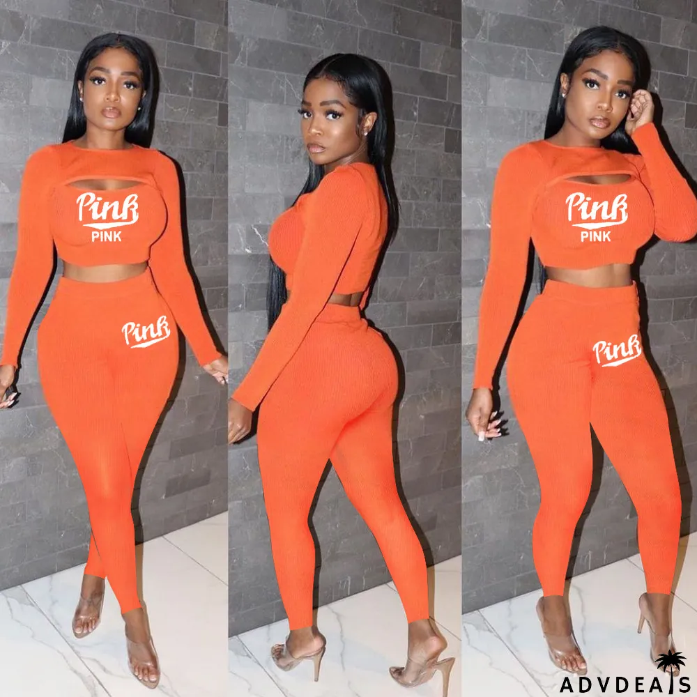 PINK Letter Embroidery Long Sleeve Pants Solid Color 2 Piece Set