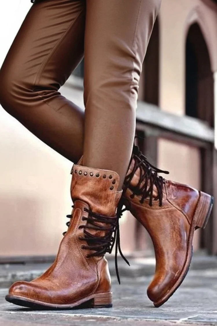 Vintage Solid Color Western Style Rivet Lace-Up Boots 2024 - Xpluswear