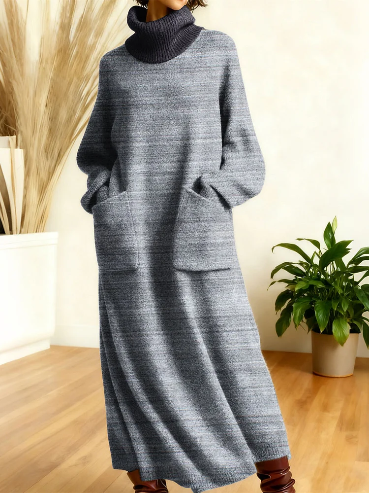 Women's Retro Geometric Patchwork High-neck Long-sleeve Casual Loose Knit Dress