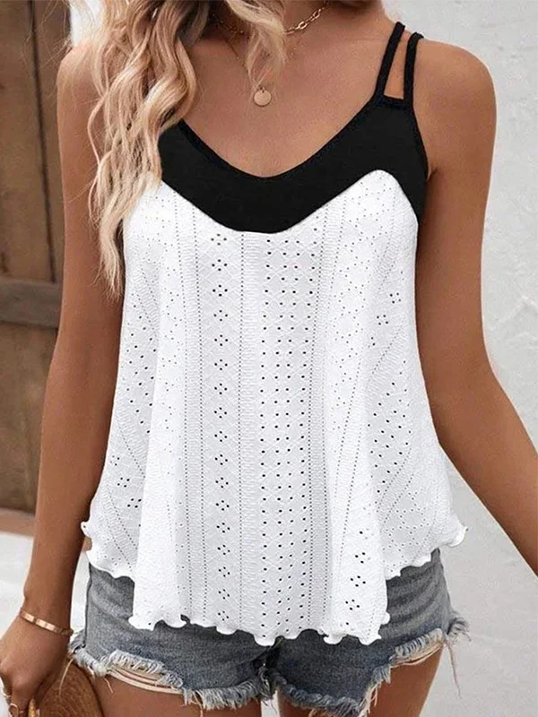 Loose Sleeveless Contrast Color Hollow Split-Joint Spaghetti-Neck Vest Top