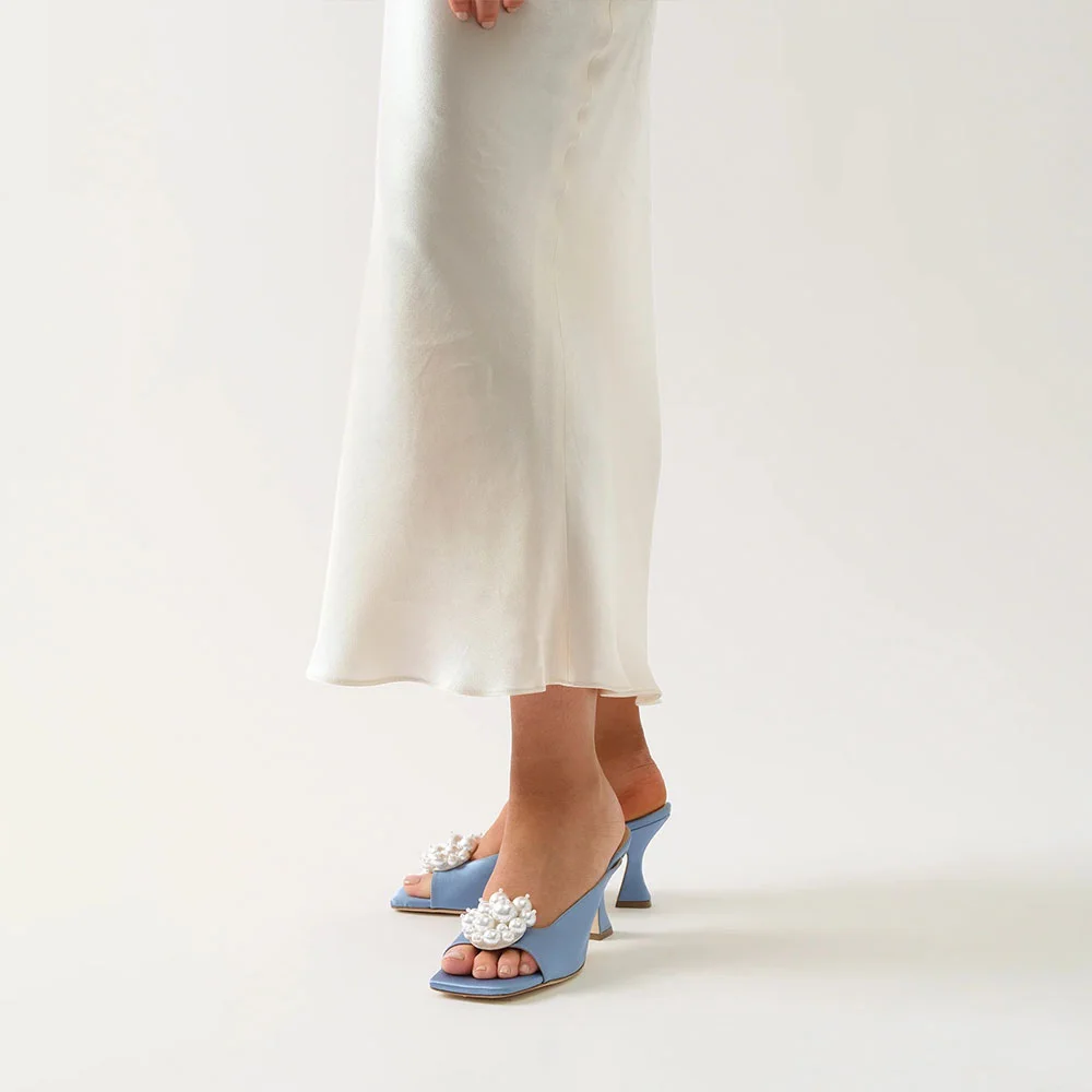 Light Blue Wide Strap Square Toe Women's Mule Shoes with Pearls