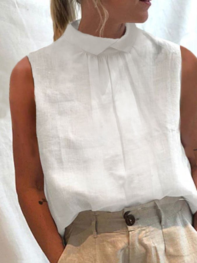 Women's Cotton Linen Crinkle Design Turtleneck Sleeveless Shirt