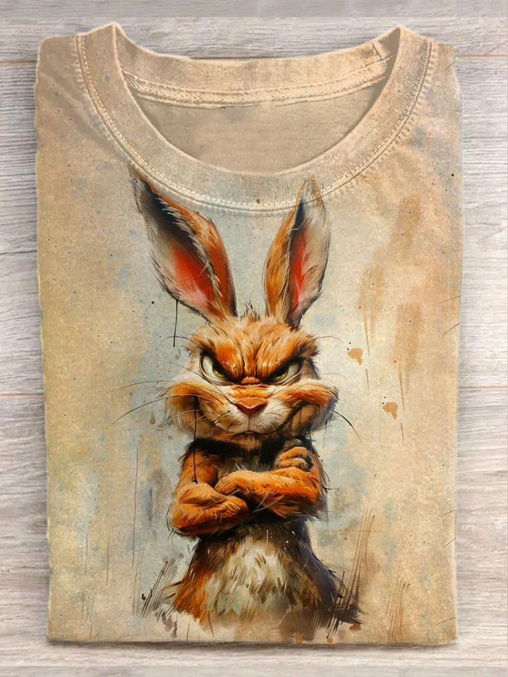 Eagerlys Unisex Easter Funny Bunny Illustration Print Casual Crew Neck T-shirt Eagerlys