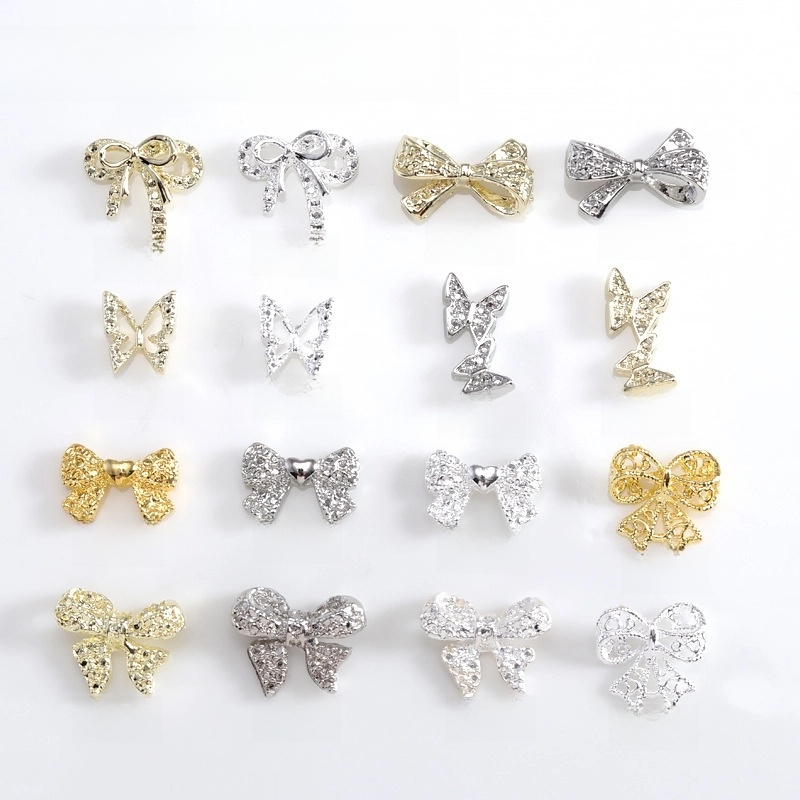Lz Japanese Internet Celebrant Hot Manicure Diamond Bow Three-dimensional Metal Gold And Silver Super Flash Nail Jewelry Bow Tie