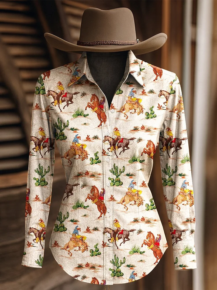 Women's Retro Athletic Print Western Long Sleeve Shirt 