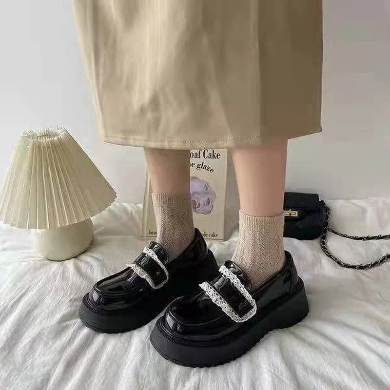 2022 British Style Lolita Shoes Femme PU Slip on Platform Woman Vulcanize Shoes Lace Zapatillas Mujer Vintage Ladies Footwear
