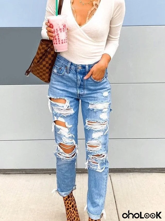 Women's Jeans Ripped Straight-Leg Slim-Fit Jeans